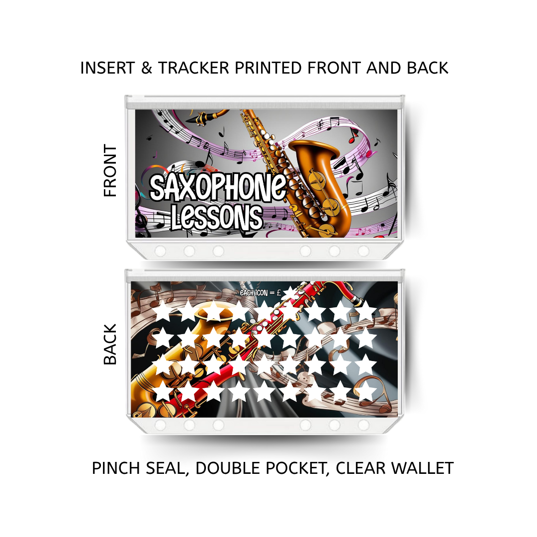 SAXOPHONE LESSONS double insert & tracker plus a clear, twin pocket, pinch seal wallet