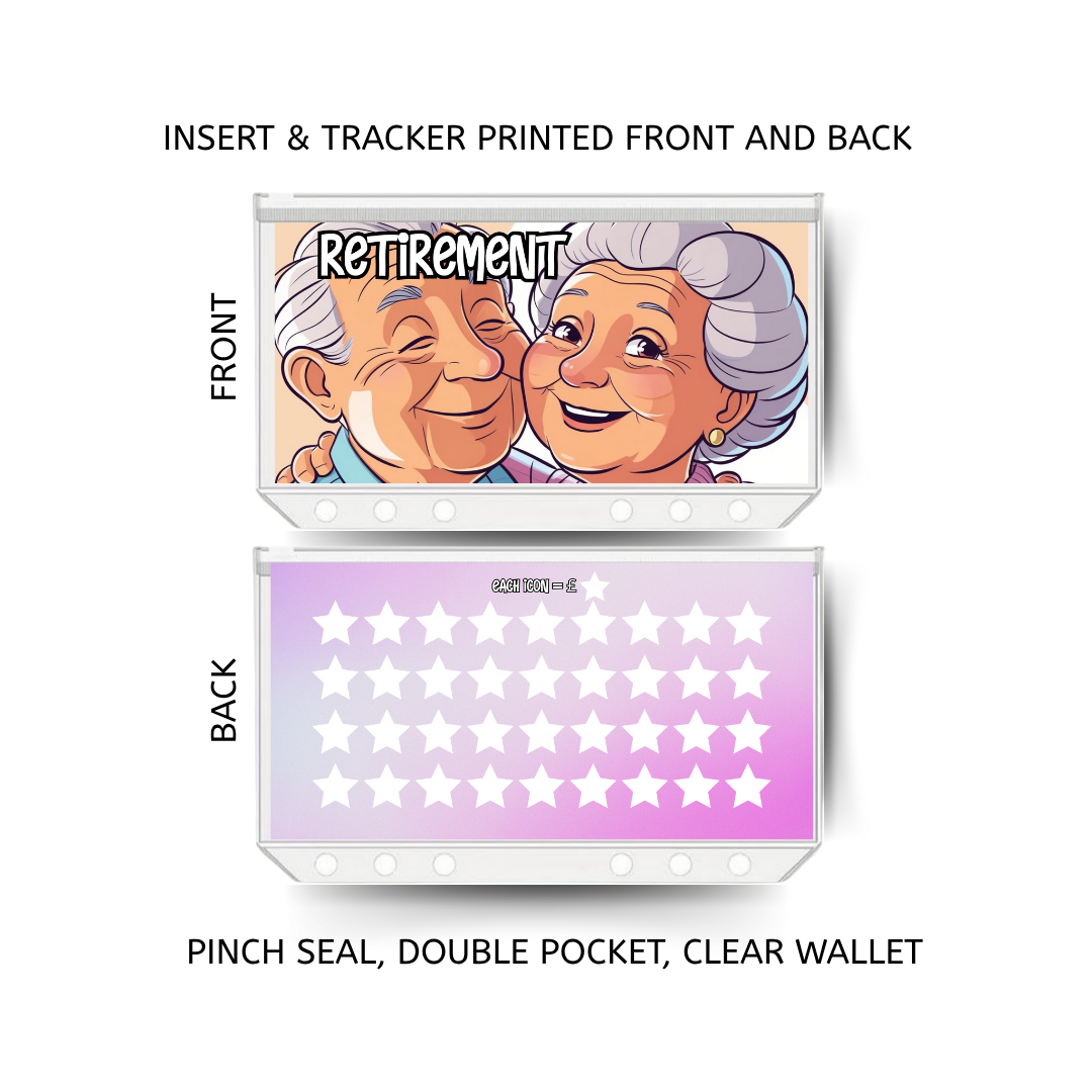 RETIREMENT  savings double insert & tracker plus a clear, twin pocket, pinch seal wallet