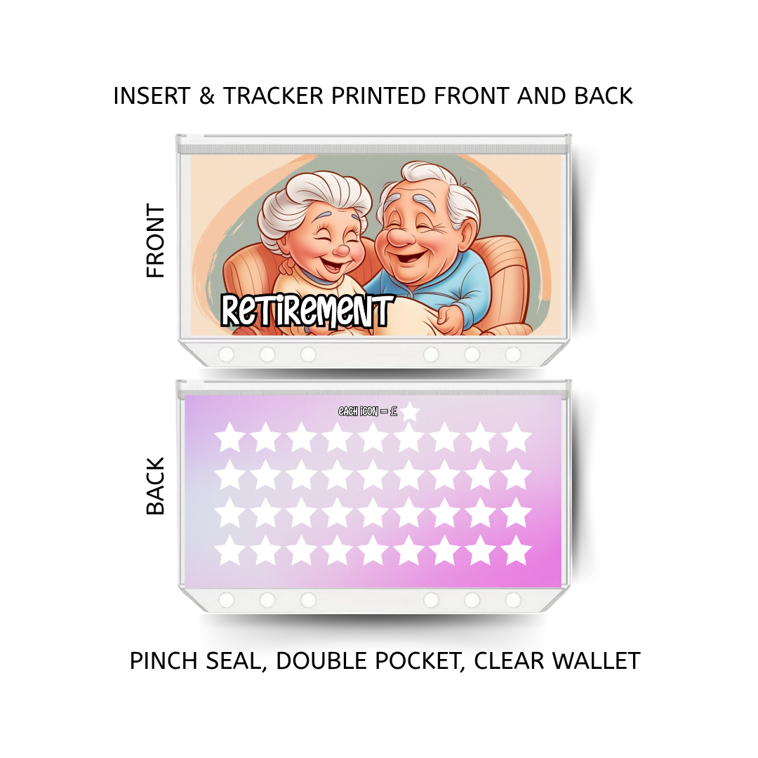 RETIREMENT  savings double insert & tracker plus a clear, twin pocket, pinch seal wallet