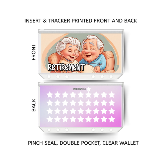 RETIREMENT  savings double insert & tracker plus a clear, twin pocket, pinch seal wallet