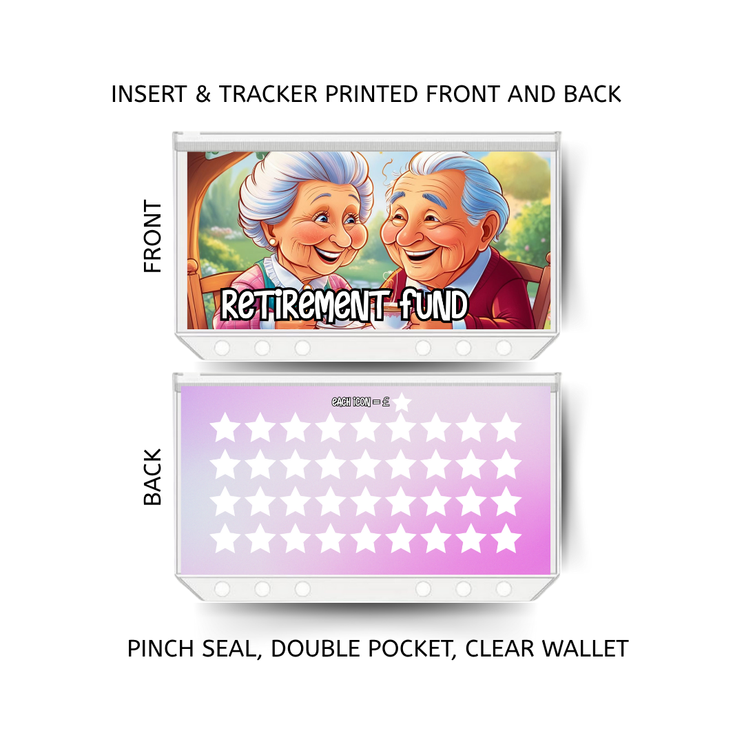 RETIREMENT  savings double insert & tracker plus a clear, twin pocket, pinch seal wallet