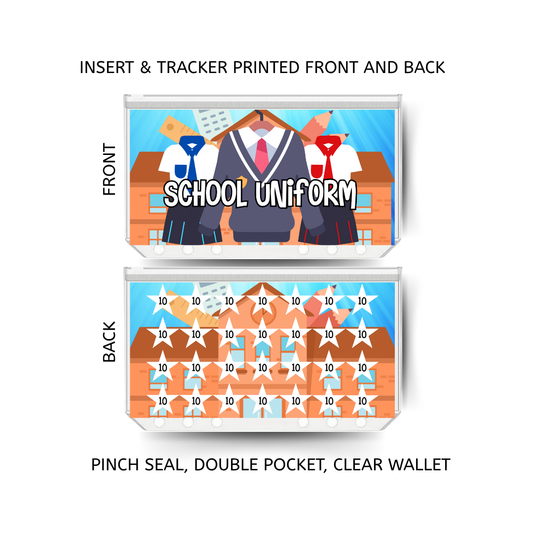 SCHOOL UNIFORM savings double insert & tracker plus a clear, twin pocket, pinch seal wallet