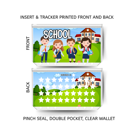 SCHOOL savings double insert & tracker plus a clear, twin pocket, pinch seal wallet