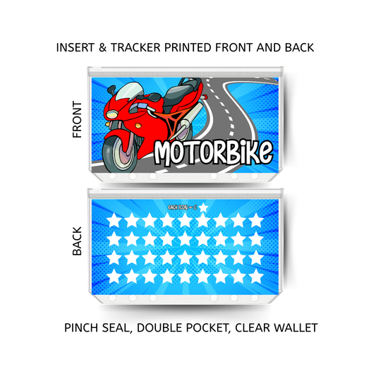 MOTORBIKE savings double insert & tracker plus a clear, twin pocket, pinch seal wallet