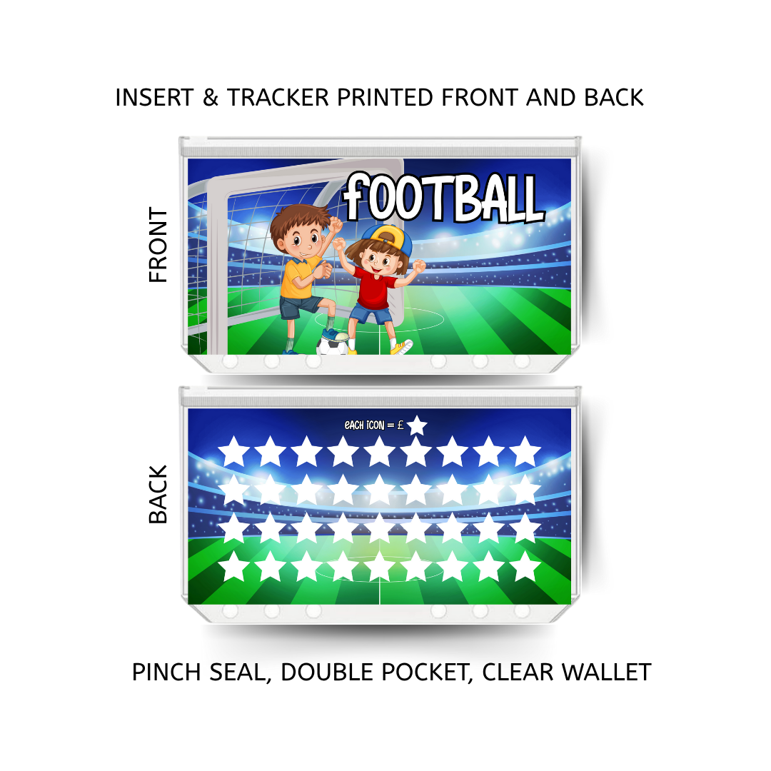 FOOTBALL savings double insert & tracker plus a clear, twin pocket, pinch seal wallet