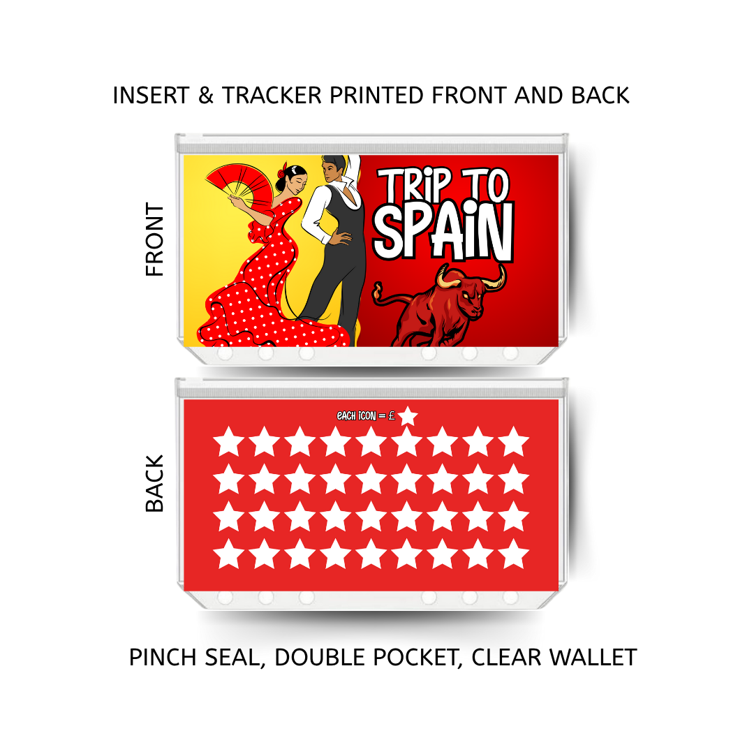 TRIP TO SPAIN savings double insert & tracker plus a clear, twin pocket, pinch seal wallet