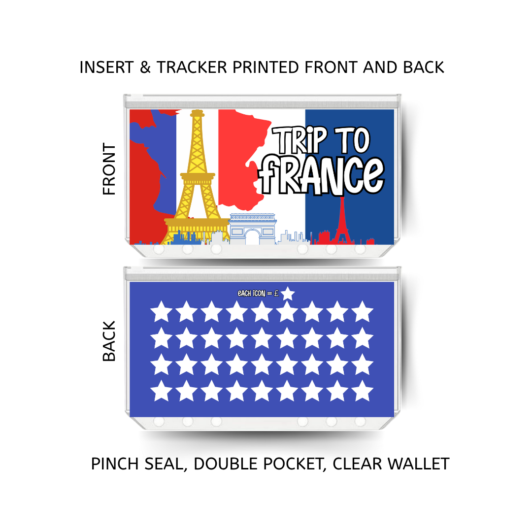 TRIP TO FRANCE savings double insert & tracker plus a clear, twin pocket, pinch seal wallet