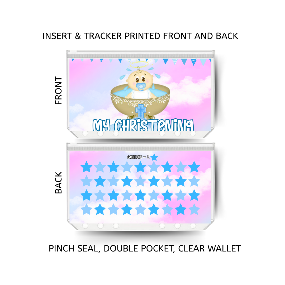 CHRISTENING savings double insert & tracker plus a clear, twin pocket, pinch seal wallet