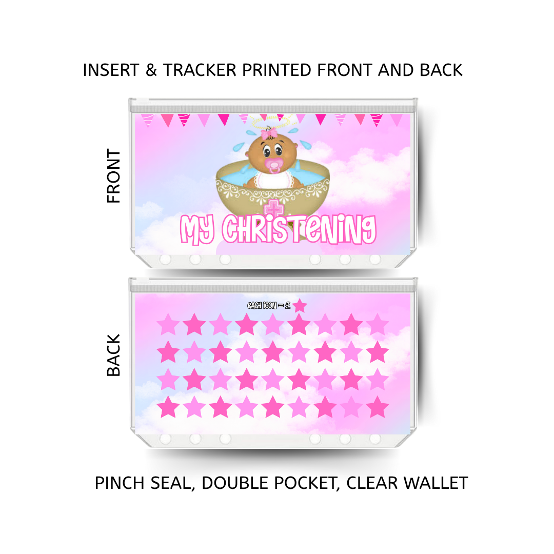 CHRISTENING savings double insert & tracker plus a clear, twin pocket, pinch seal wallet