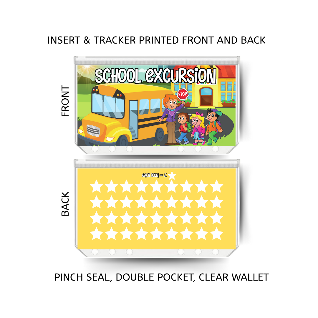 SCHOOL EXCURSION savings double insert & tracker plus a clear, twin pocket, pinch seal wallet