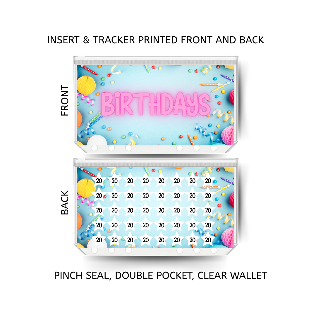 BIRTHDAYS savings double insert & tracker plus a clear, twin pocket, pinch seal wallet