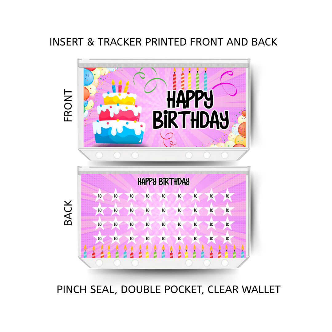 HAPPY BIRTHDAY savings double insert & tracker plus a clear, twin pocket, pinch seal wallet