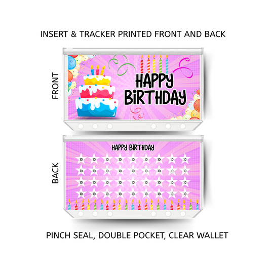 HAPPY BIRTHDAY savings double insert & tracker plus a clear, twin pocket, pinch seal wallet