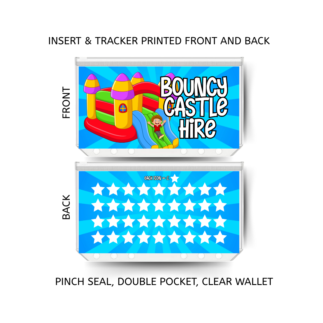 BOUNCY CASTLE HIRE savings double insert & tracker plus a clear, twin pocket, pinch seal wallet