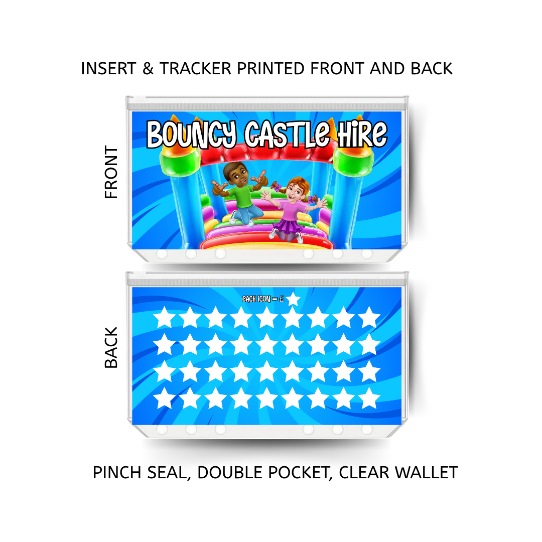 BOUNCY CASTLE HIRE savings double insert & tracker plus a clear, twin pocket, pinch seal wallet