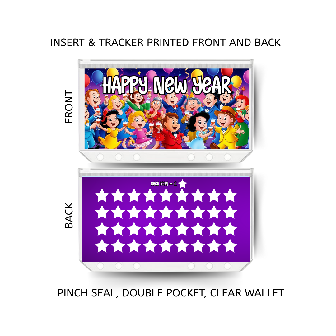 HAPPY NEW YEAR savings double insert & tracker plus a clear, twin pocket, pinch seal wallet