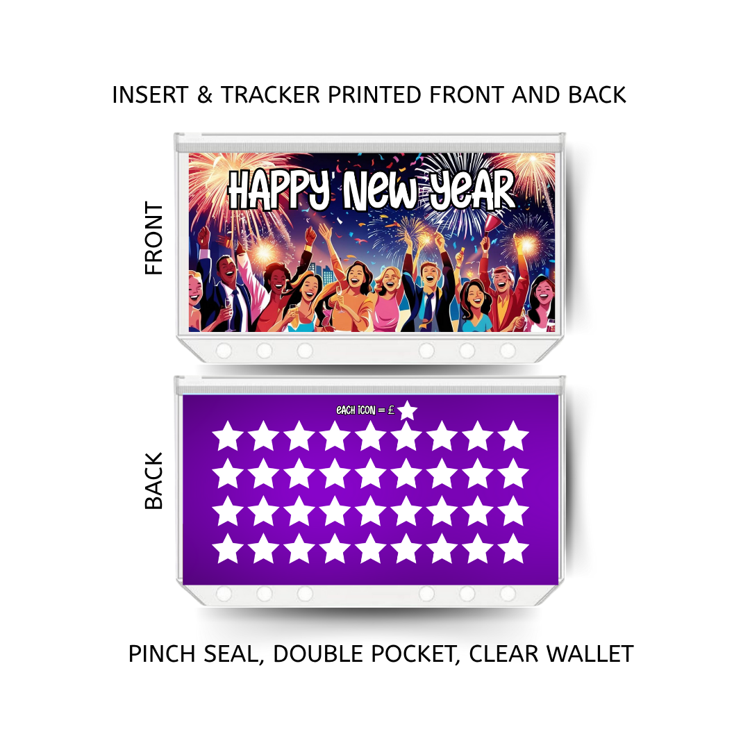 HAPPY NEW YEAR savings double insert & tracker plus a clear, twin pocket, pinch seal wallet