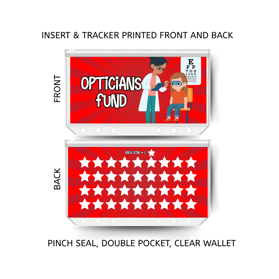 OPTICIANS FUND savings double insert & tracker plus a clear, twin pocket, pinch seal wallet
