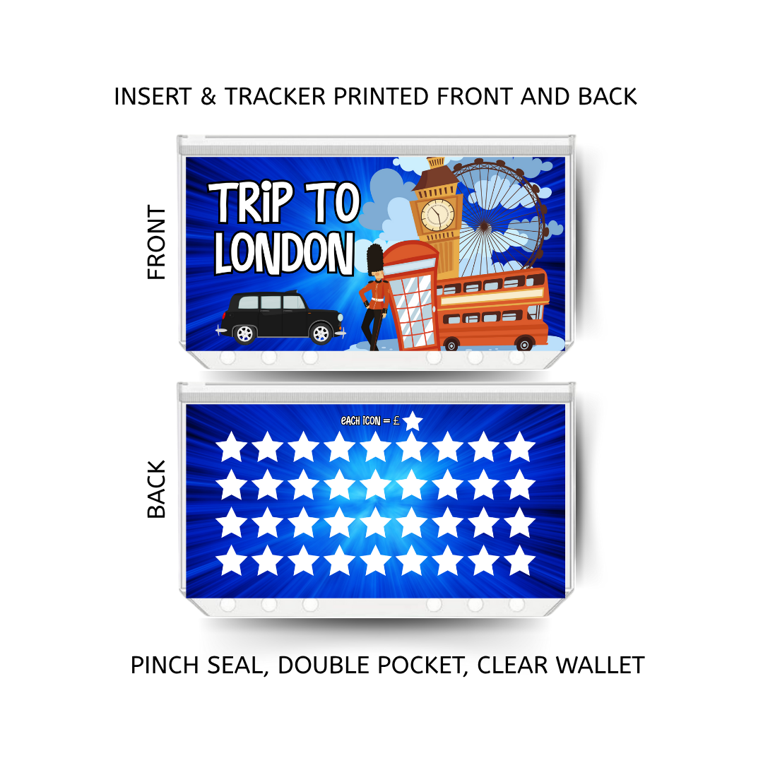 TRIP TO LONDON savings double insert & tracker plus a clear, twin pocket, pinch seal wallet