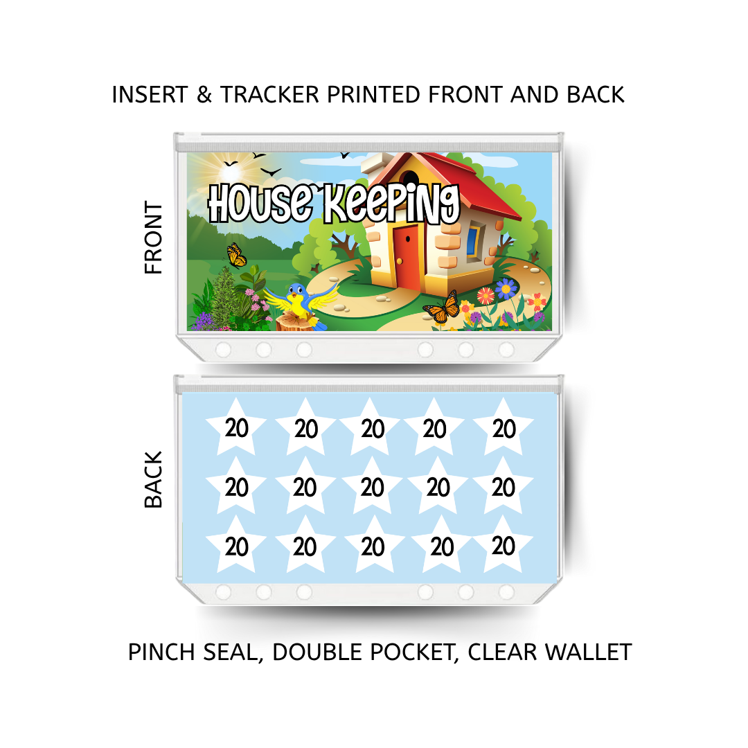 HOUSE KEEPING savings double insert & tracker plus a clear, twin pocket, pinch seal wallet