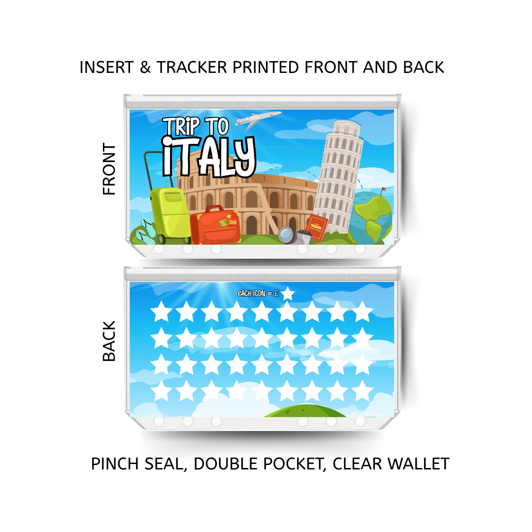 TRIP TO ITALY savings double insert & tracker plus a clear, twin pocket, pinch seal wallet