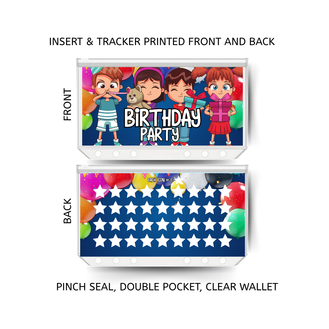 BIRTHDAY PARTY savings double insert & tracker plus a clear, twin pocket, pinch seal wallet