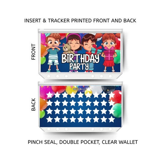 BIRTHDAY PARTY savings double insert & tracker plus a clear, twin pocket, pinch seal wallet