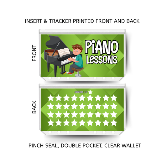 PIANO LESSONS savings double insert & tracker plus a clear, twin pocket, pinch seal wallet