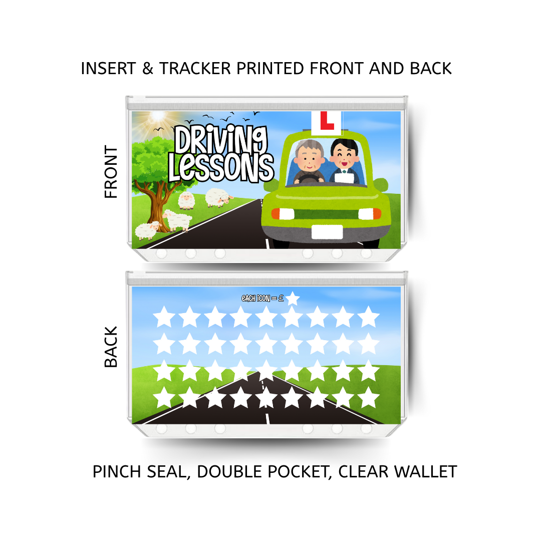 DRIVING LESSONS savings double insert & tracker plus a clear, twin pocket, pinch seal wallet