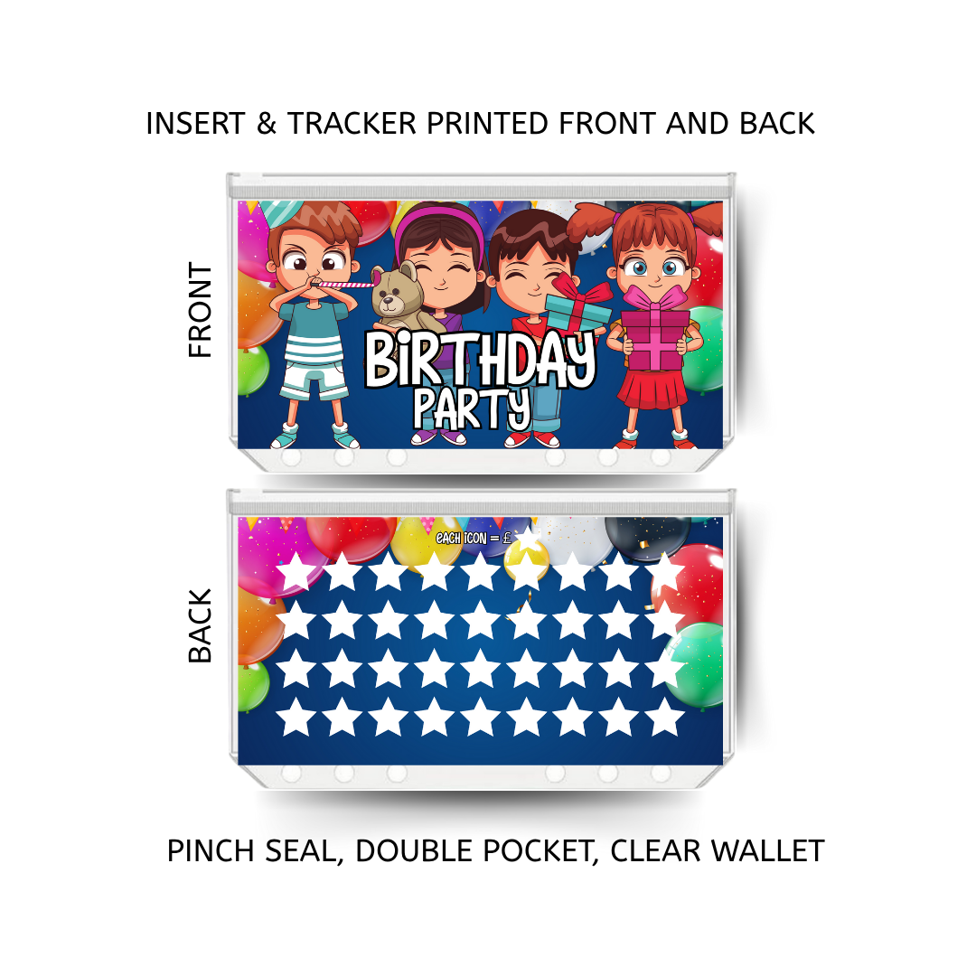 BIRTHDAY PARTY savings double insert & tracker plus a clear, twin pocket, pinch seal wallet