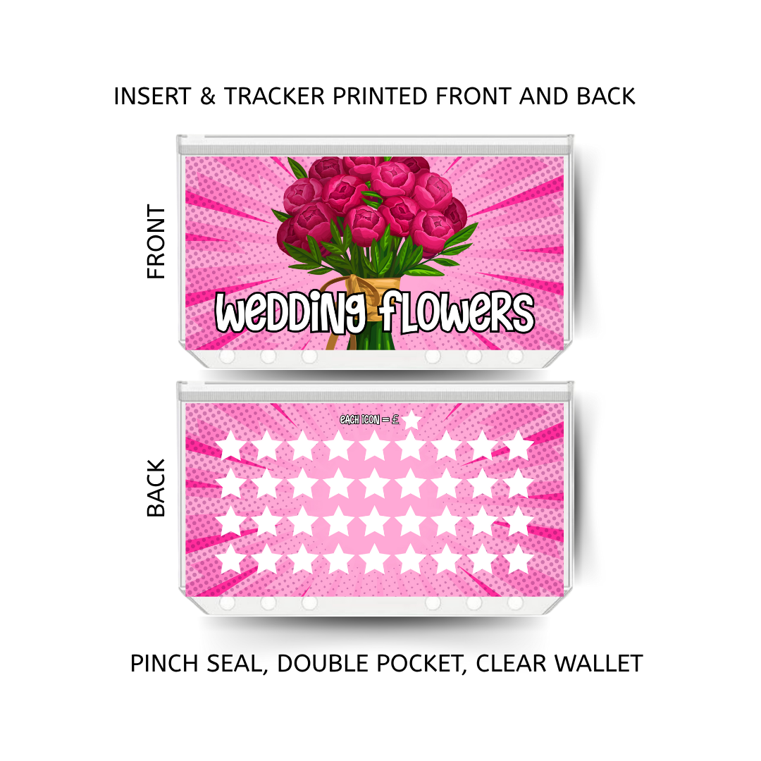 WEDDING FLOWERS savings double insert & tracker plus a clear, twin pocket, pinch seal wallet