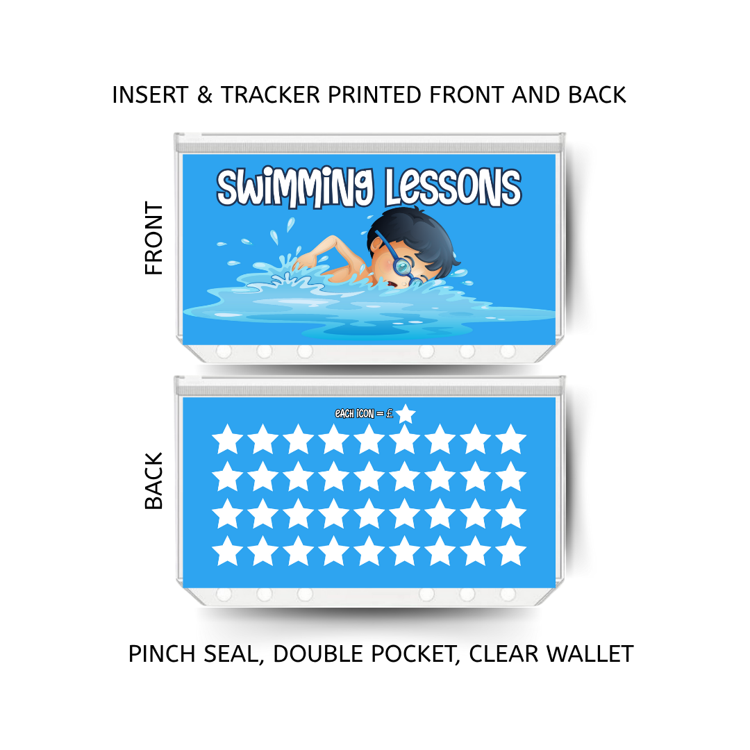 SWIMMING LESSONS savings double insert & tracker plus a clear, twin pocket, pinch seal wallet
