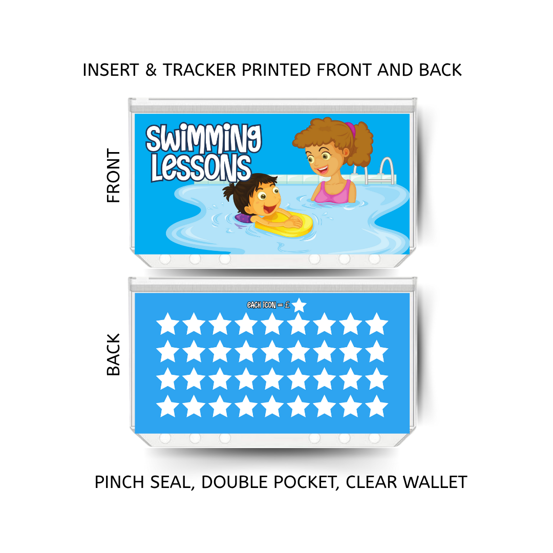 SWIMMING LESSONS savings double insert & tracker plus a clear, twin pocket, pinch seal wallet