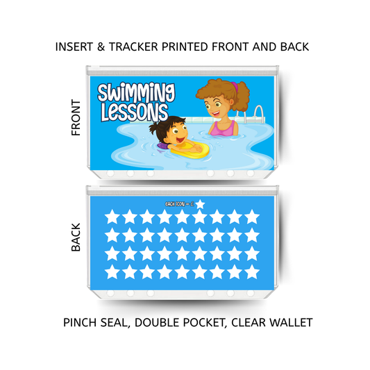 SWIMMING LESSONS savings double insert & tracker plus a clear, twin pocket, pinch seal wallet