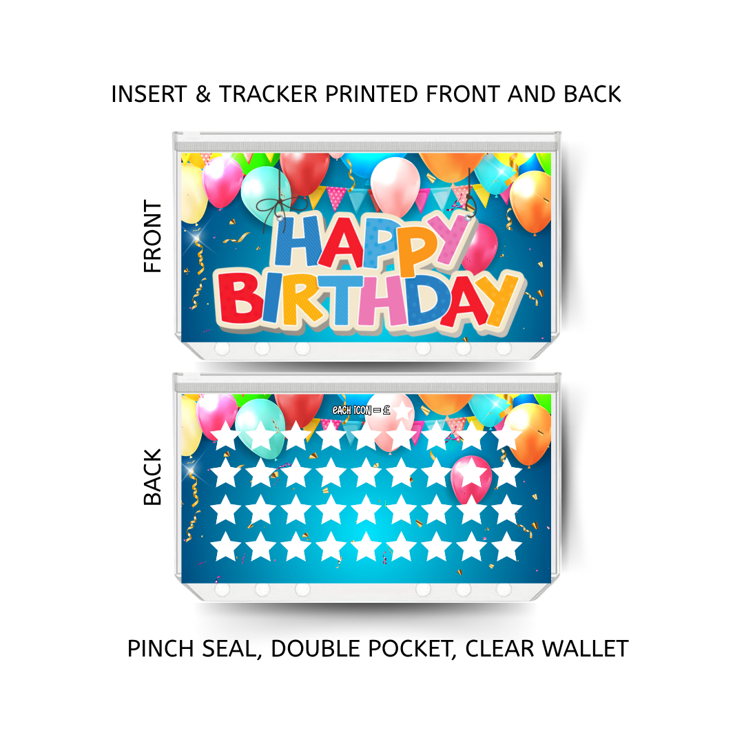HAPPY BIRTHDAY savings double insert & tracker plus a clear, twin pocket, pinch seal wallet