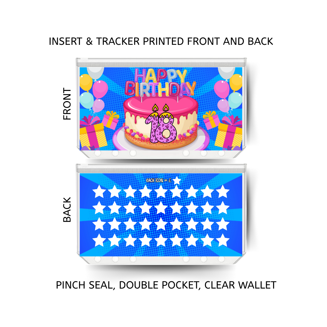 18TH BIRTHDAY savings double insert & tracker plus a clear, twin pocket, pinch seal wallet
