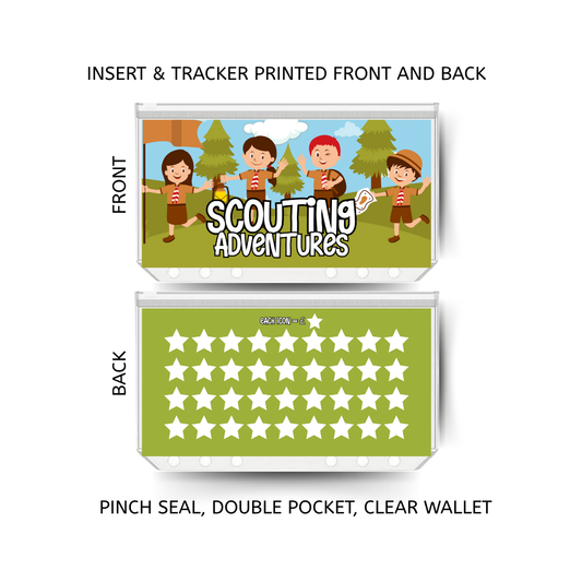SCOUTING ADVENTURES savings double insert & tracker plus a clear, twin pocket, pinch seal wallet