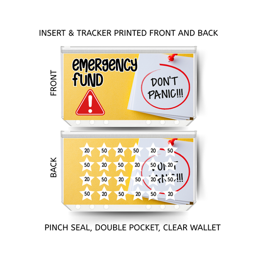 EMERGENCY FUND savings double insert & tracker plus a clear, twin pocket, pinch seal wallet