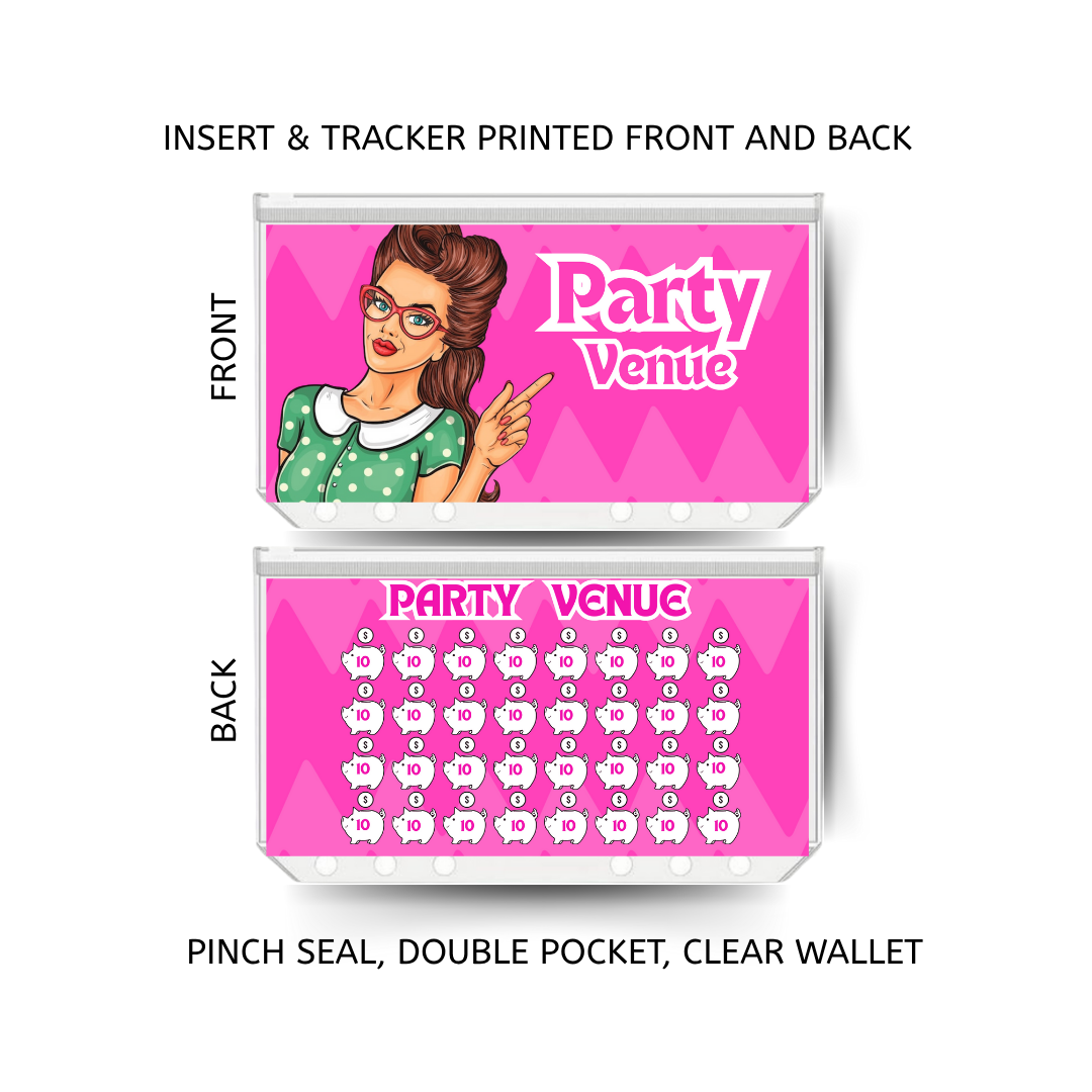 PARTY VENUE savings double insert & tracker plus a clear, twin pocket, pinch seal wallet