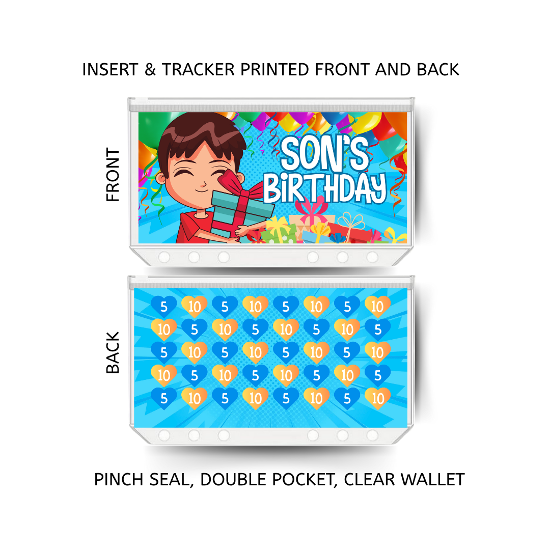 SONS BIRTHDAY savings double insert & tracker plus a clear, twin pocket, pinch seal wallet
