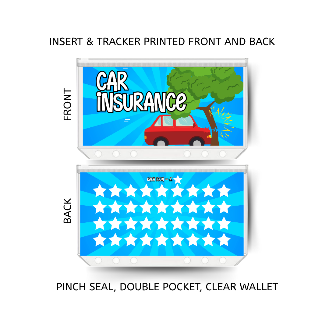 CAR INSURANCE savings double insert & tracker plus a clear, twin pocket, pinch seal wallet