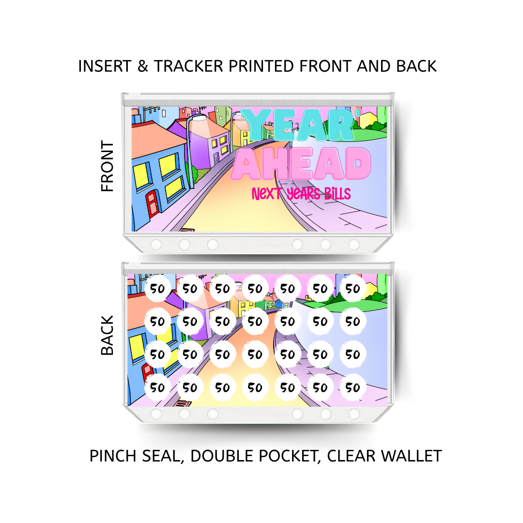 YEAR AHEAD savings double insert & tracker plus a clear, twin pocket, pinch seal wallet