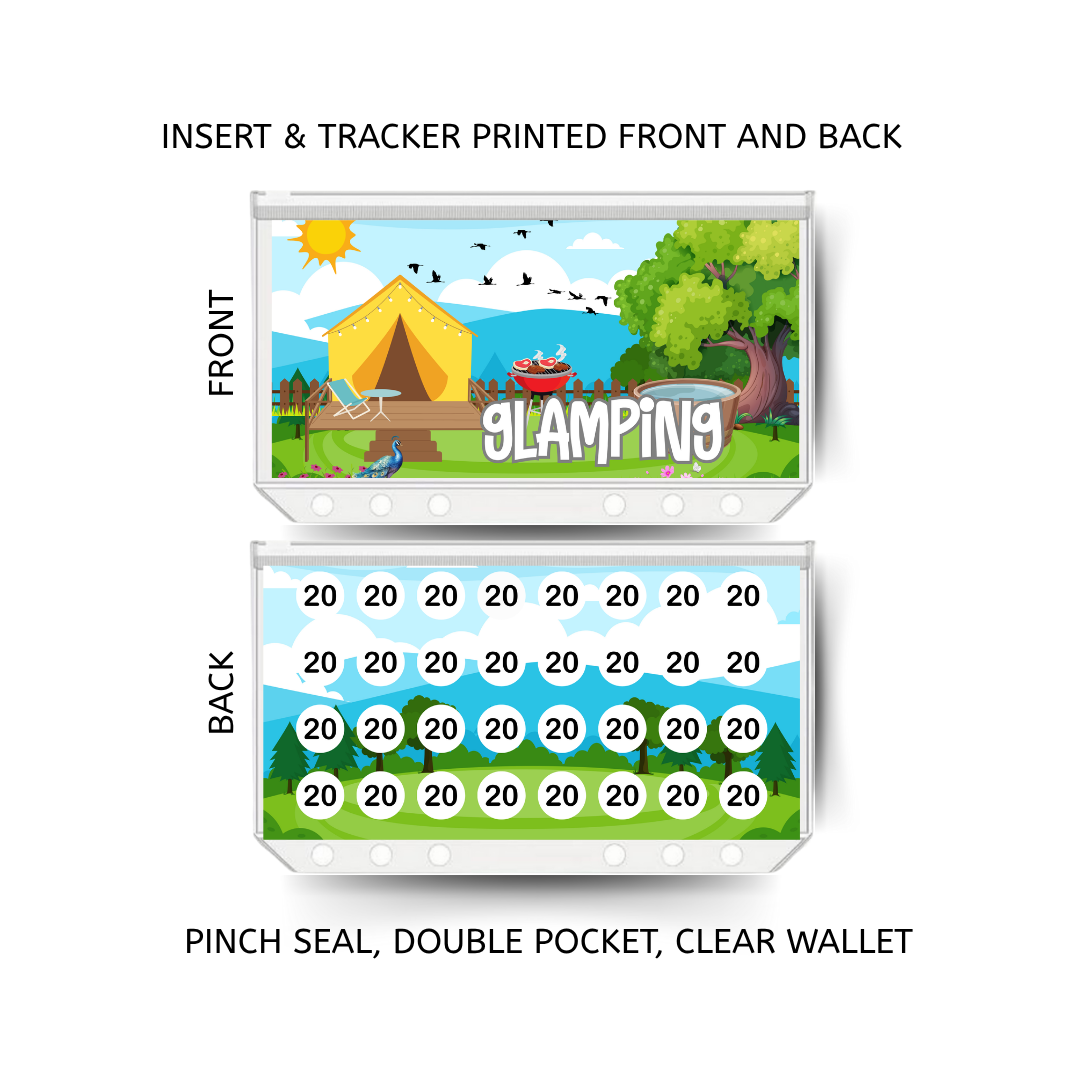 GLAMPING savings double insert & tracker plus a clear, twin pocket, pinch seal wallet for A6 binder