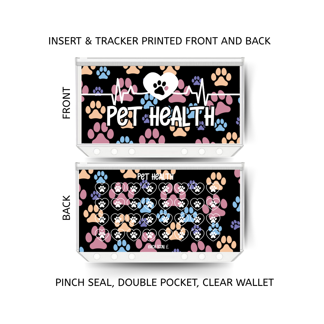 PET HEALTH savings double insert & tracker plus a clear, twin pocket, pinch seal wallet for A6 binder