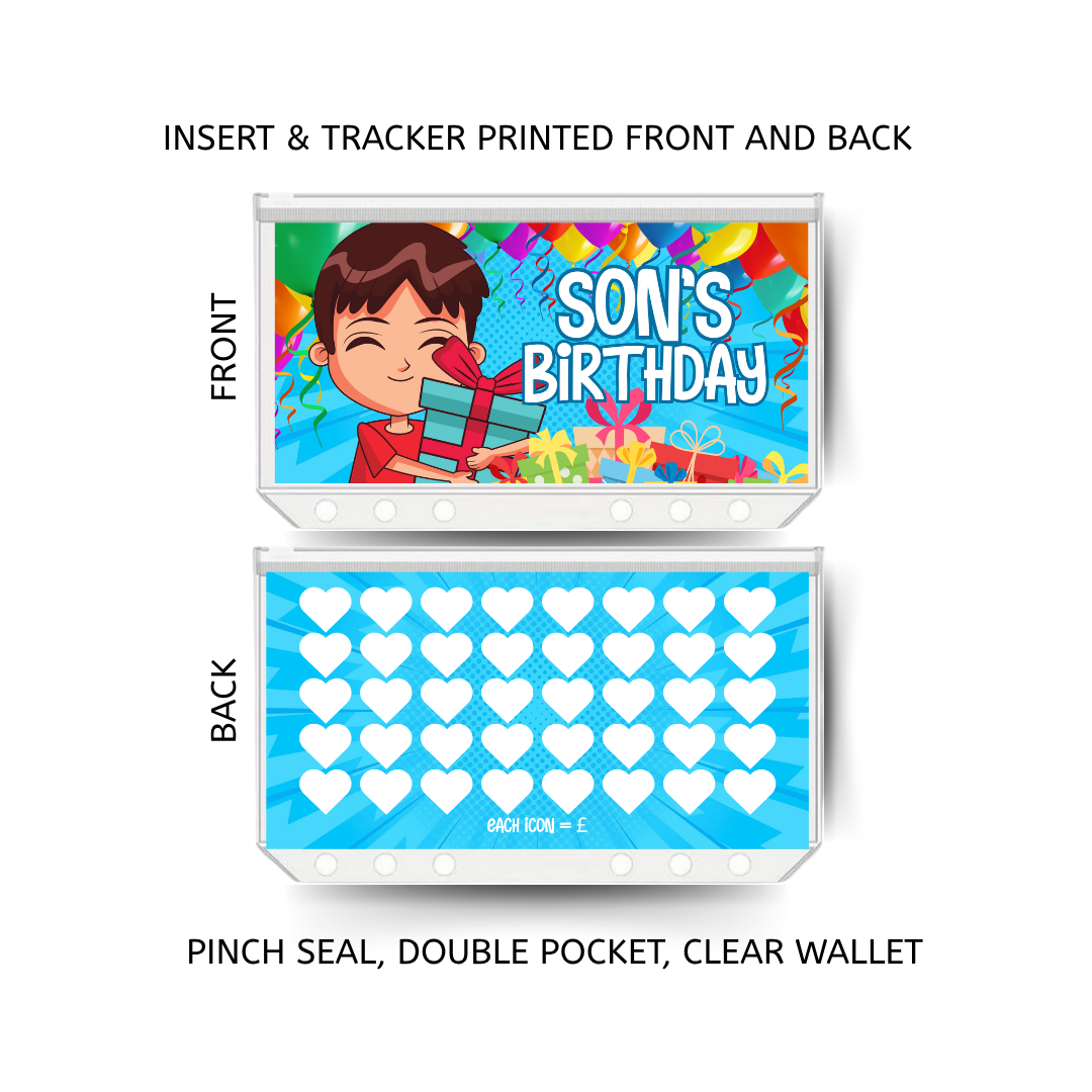 SONS BIRTHDAY savings double insert & tracker plus a clear, twin pocket, pinch seal wallet for A6 binder