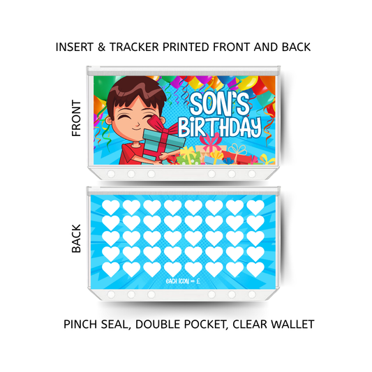 SONS BIRTHDAY savings double insert & tracker plus a clear, twin pocket, pinch seal wallet for A6 binder