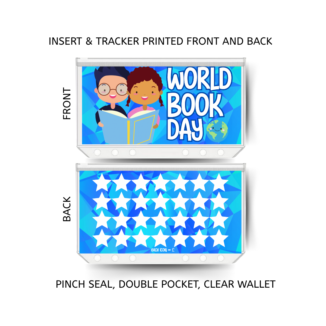 WORLD BOOK DAY savings double insert & tracker plus a clear, twin pocket, pinch seal wallet for A6 binder