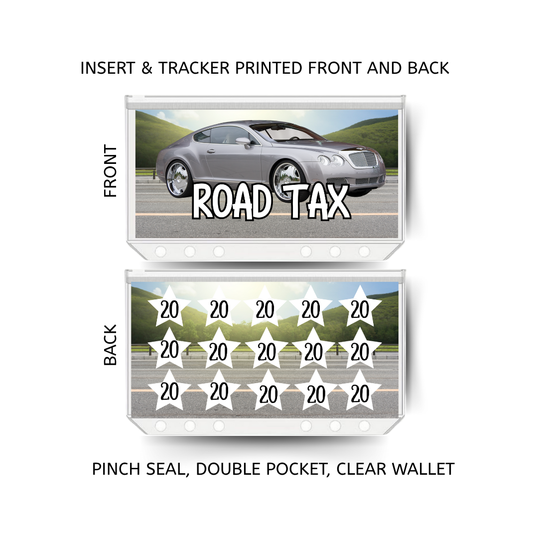 ROAD TAX savings double insert & tracker plus a clear, twin pocket, pinch seal wallet for A6 binder
