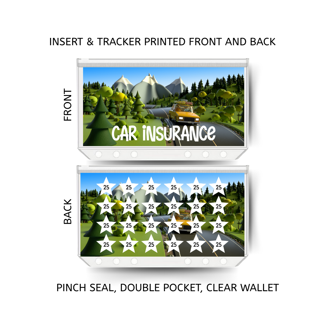 CAR INSURANCE savings double insert & tracker plus a clear, twin pocket, pinch seal wallet for A6 binder