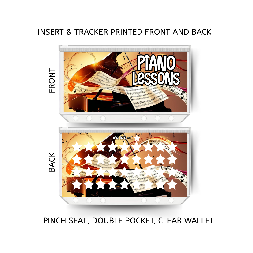 PIANO LESSONS savings double insert & tracker plus a clear, twin pocket, pinch seal wallet
